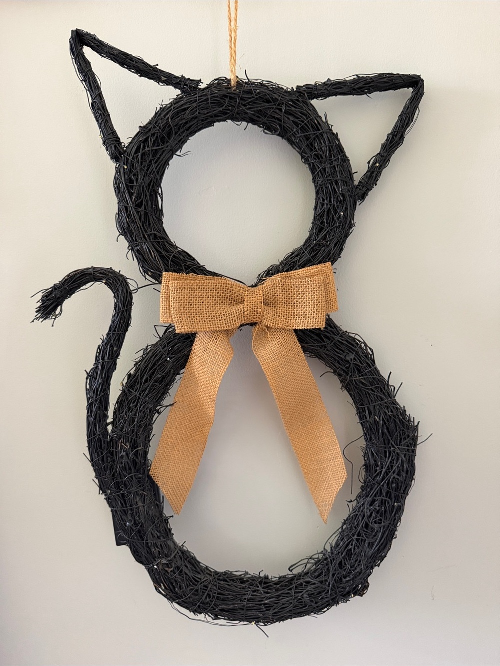 Black Cat Wreath Door Hanging with Burlap Bow